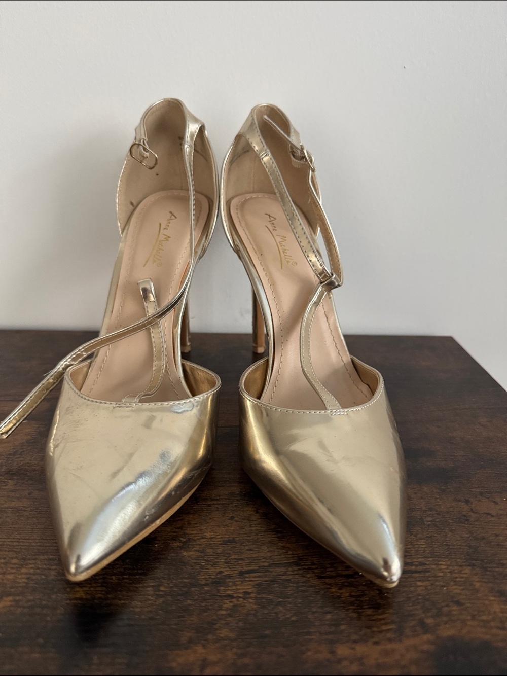 Anne Michelle Gold Pointed-Toe Ankle-Strap Heels